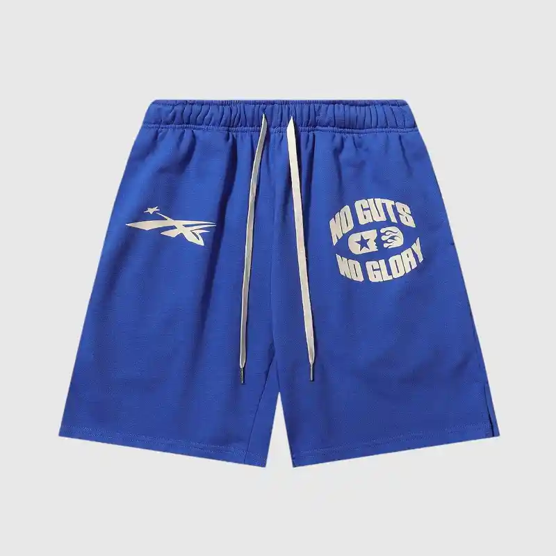 Hellstar No Guts No Glory Shorts are blue athletic shorts with white drawstrings, featuring the logo and bold white lettering of the phrase "No Guts No Glory. Hellstar No Guts No Glory Shorts are blue athletic shorts with white drawstrings, featuring the logo and bold white lettering of the phrase "No Guts No Glory.